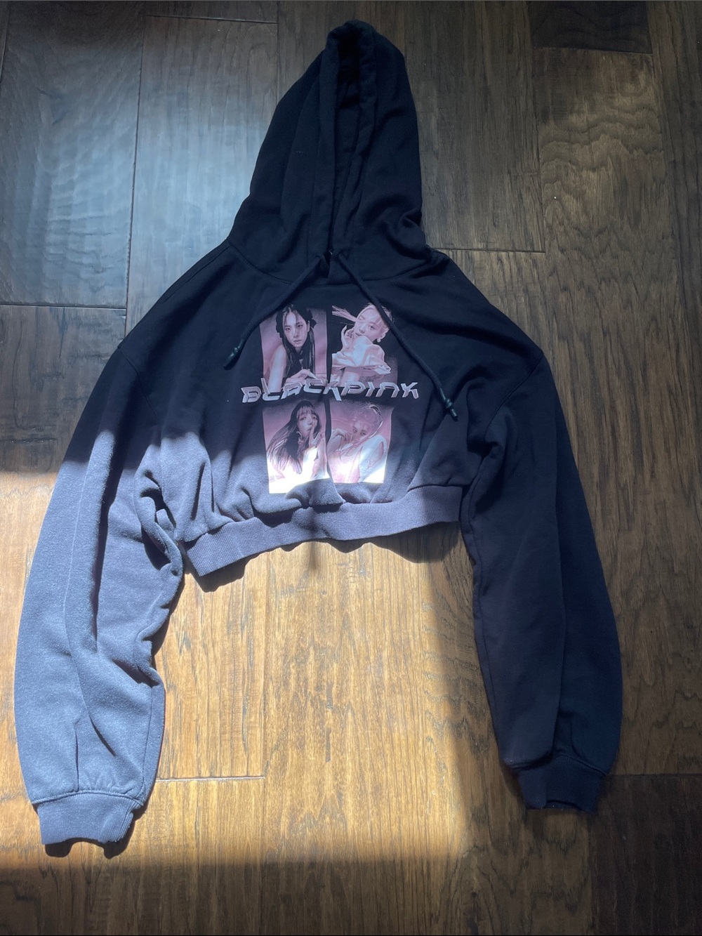 Divided Black Cropped Hoodie with Pink Graphic